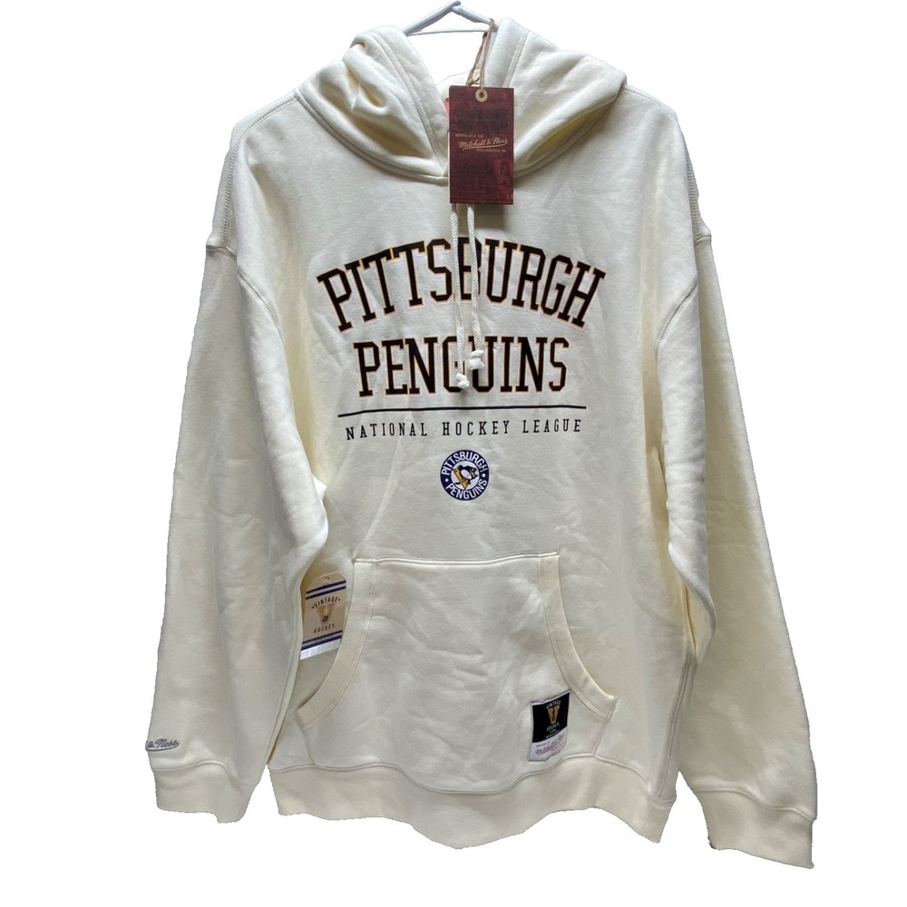Pittsburgh Penguins‎ NHL Hoodie Large Cream Fleece Vtg Hockey Logo Mitchell Ness